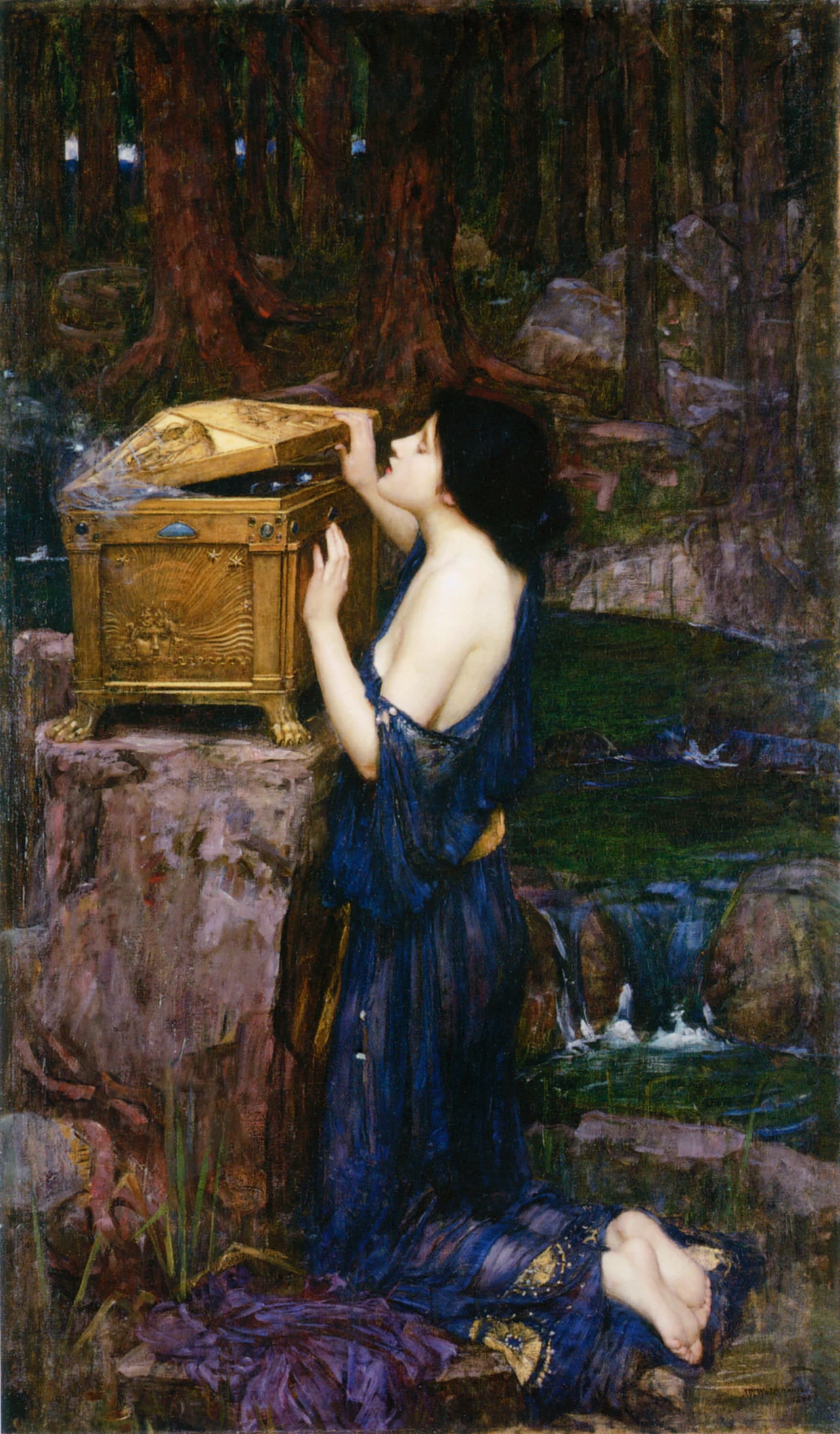 John William Waterhouse's 1896 oil painting Pandora. A young woman in pale robes kneels at the edge of a forest pool, lifting the lid of a golden chest. Vapours rise from the half-open box; the lid is barely raised. Her expression is curious and not yet alarmed. The chest's secrets are leaving and will not be put back.