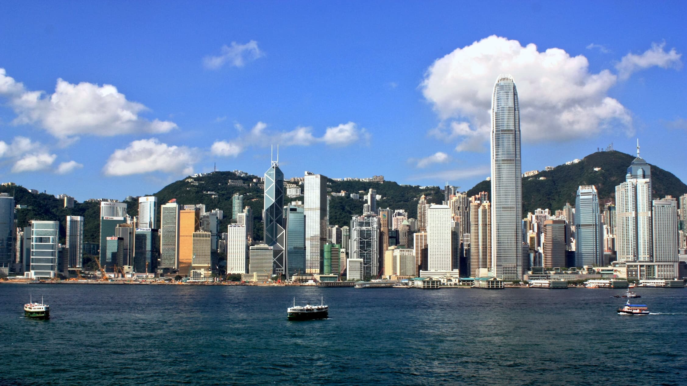 Hong Kong Island skyline at dusk, photographed from Tsim Sha Tsui across Victoria Harbour, with the Central financial district illuminated.