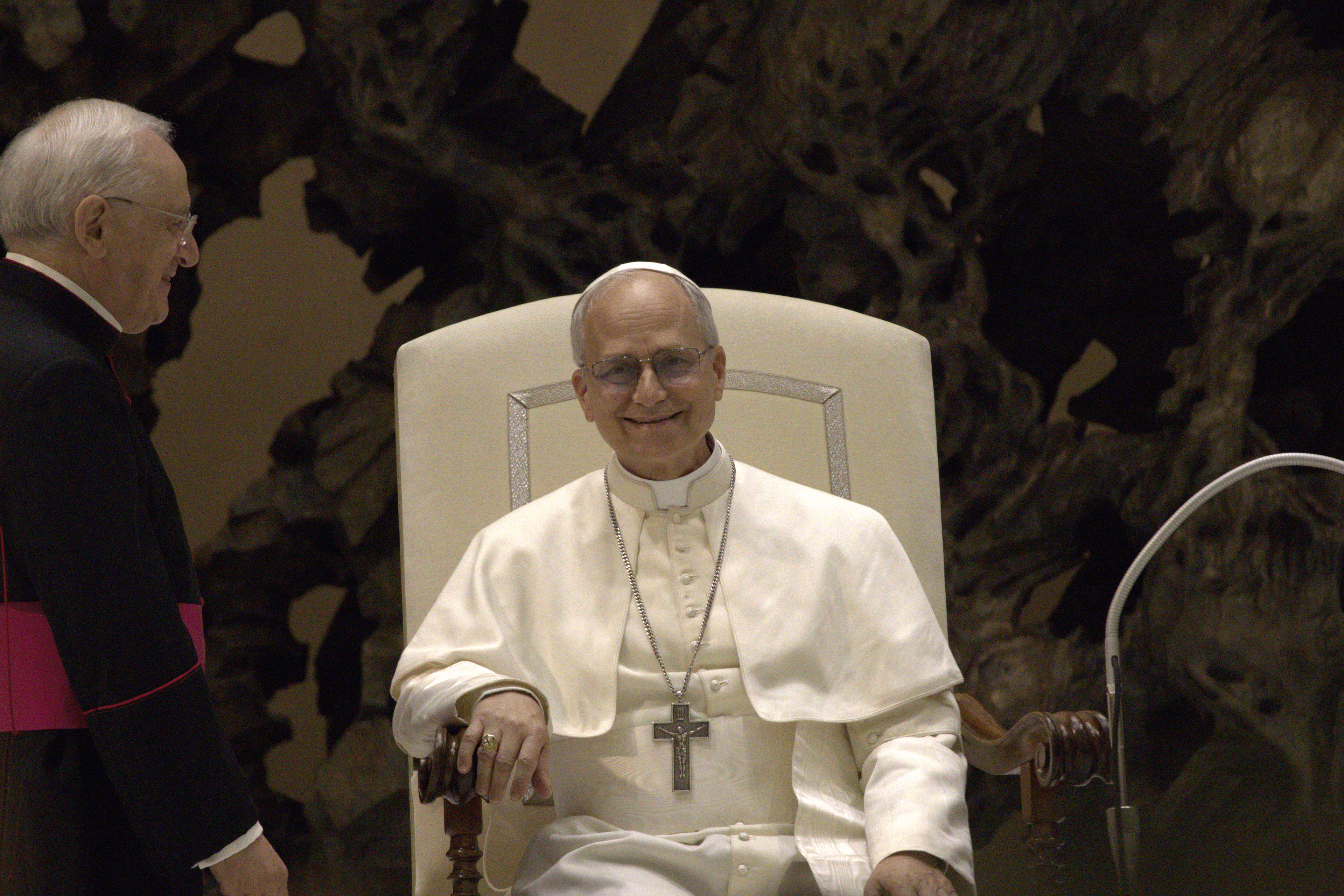 Portrait of Pope Leo XIV during a media audience on May 12, 2025, in white papal vestments.