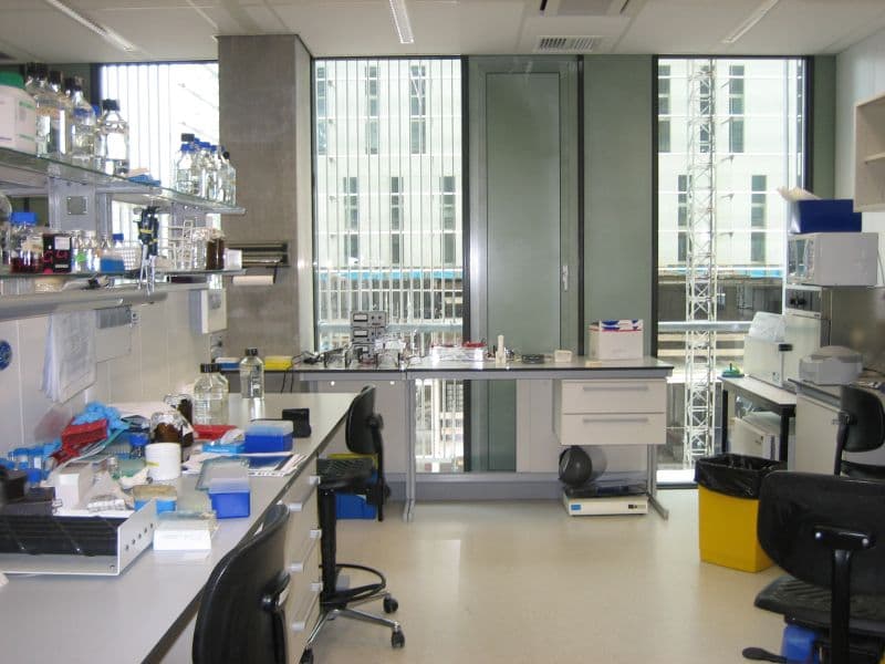 A colour photograph of a molecular cell biology laboratory at Leiden University Medical Center in the Netherlands, showing pale-blue lab benches, sealed reagent bottles, a fume hood, tube racks, and workspaces set up for hands-on wet-lab experiments. The image is illustrative of the kind of physical biology bench a frontier AI lab would need to validate model-proposed protein designs at scale. On Friday September 18 2026, Anthropic's head of life sciences Eric Kauderer-Abrams confirmed to TechCrunch and Reuters that the company operates its own physical biology laboratory in the San Francisco Bay Area. The confirmation closes a three-day sequence in which Anthropic also launched a Life Sciences Verification Program with a High-risk Use grant that removes standard safeguards for six-month windows, and published a biomolecular design paper putting the cost of a single protein design at approximately $150 in compute, with wet-lab validation for 5,000 designs contracted through Adaptyv Bio and Twist Bioscience. The wet-lab confirmation makes Anthropic the first frontier lab to own every layer between a model-proposed experiment and a physical test tube. Anthropic acquired the stealth biotech Coefficient Bio for approximately $400 million in stock in April 2026 to seed the effort.