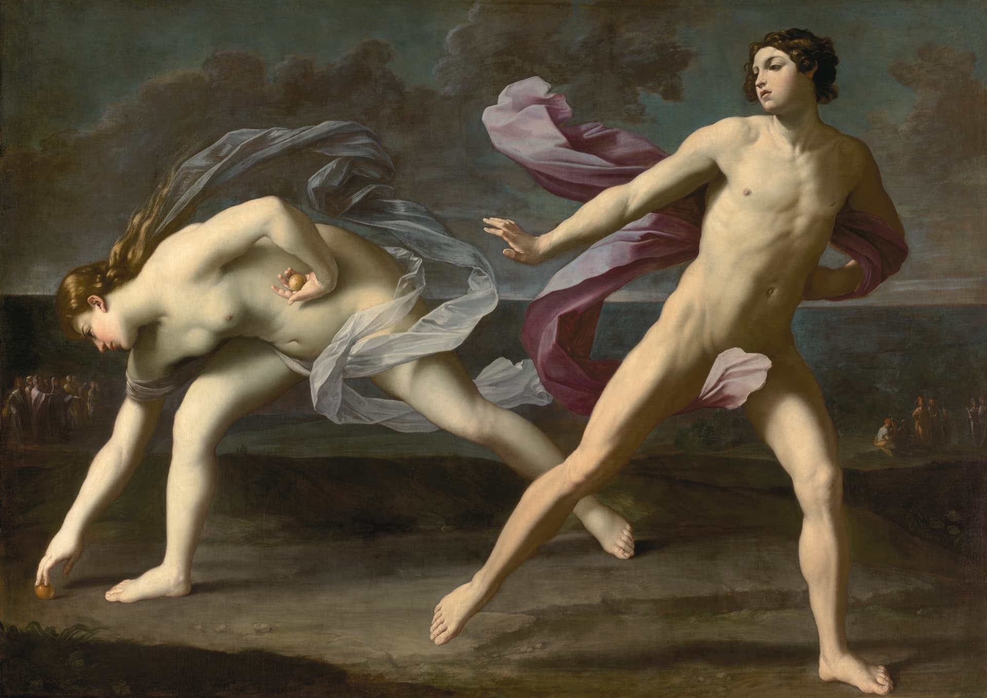 Guido Reni's 1618–1619 oil canvas Hippomenes and Atalanta in the Museo del Prado. Atalanta bends to pick up a golden apple Hippomenes has thrown in her path; Hippomenes runs on toward the finish. The race that was hers is now his.