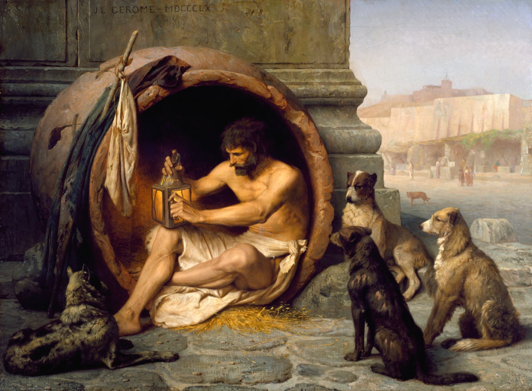 Jean-Léon Gérôme's 1860 oil painting of Diogenes seated in his earthenware tub, holding a lit lamp in daylight as he searches for an honest man.