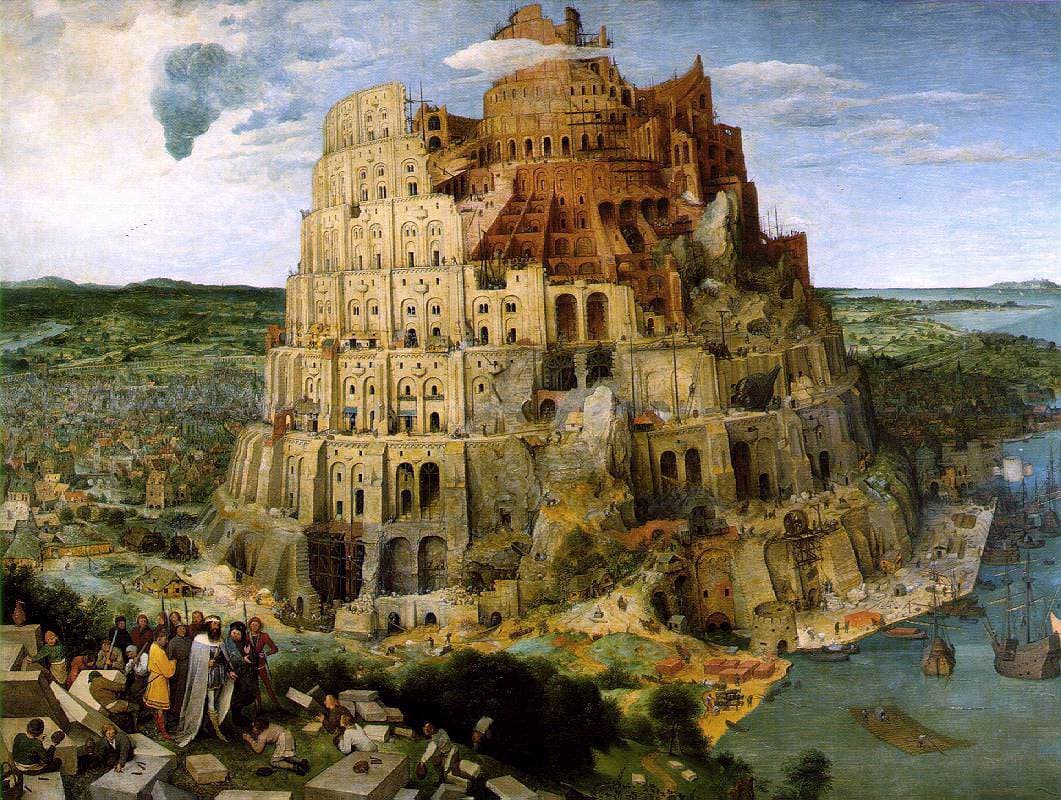 Pieter Bruegel the Elder's 1563 oil panel The Tower of Babel, showing an enormous spiral brick tower under construction on a Flemish coastal plain. Tiny workers swarm the unfinished upper levels; the lower tiers are already weathered. King Nimrod inspects masons in the foreground.