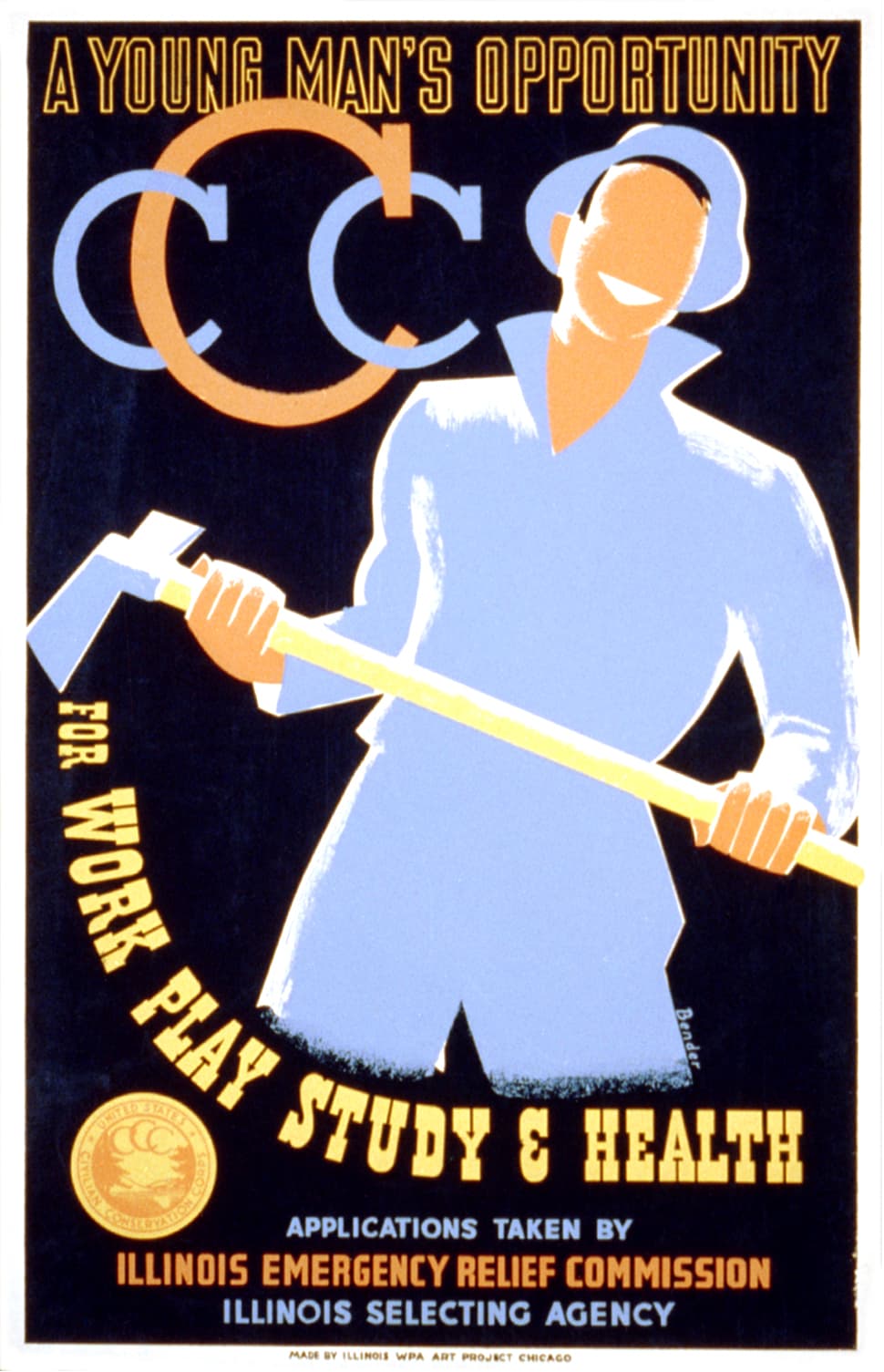 A 1935 Works Progress Administration recruitment poster for the Civilian Conservation Corps. Bold geometric typography stacks the words A YOUNG MAN'S OPPORTUNITY over a stylised silhouette of a CCC enrollee swinging an axe against pine forest. The colour palette is olive green and cream, the layout flat and graphic in the Federal Art Project style.
