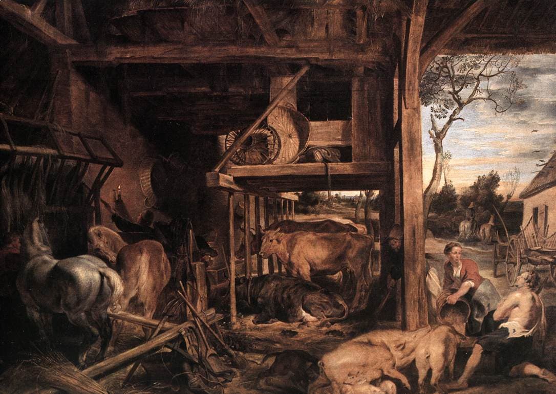 Peter Paul Rubens's circa-1618 oil painting Return of the Prodigal Son, showing a kneeling young man in ragged clothes being embraced by his father inside a dim stone barn, with farmhands, animals and feed troughs around them.