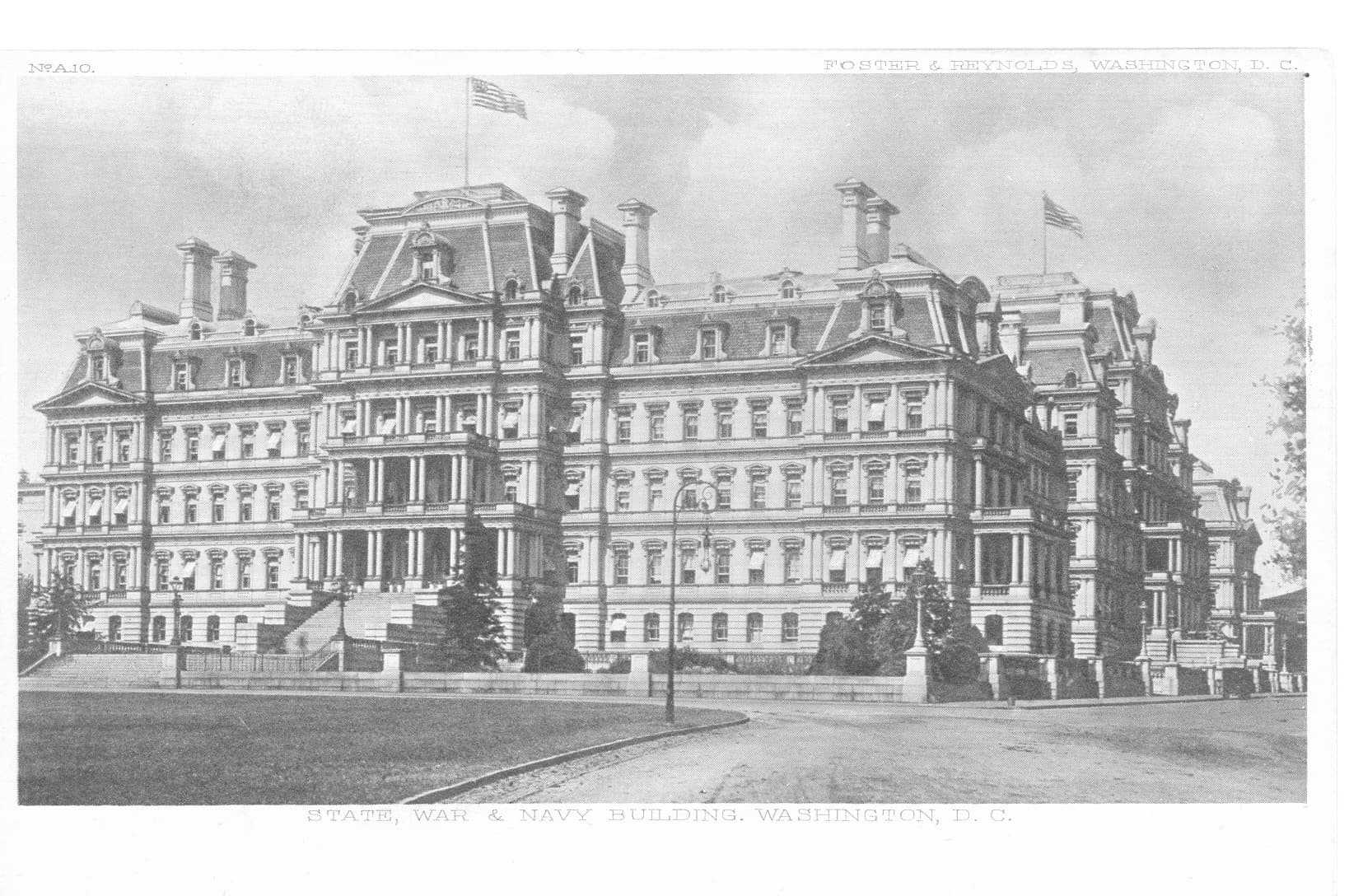 A historic exterior photograph of the Eisenhower Executive Office Building on the west side of the White House complex in Washington, D.C., showing its French Second Empire mansard-roofed granite façade and colonnaded windows. The building houses the White House Office of Science and Technology Policy, whose director Michael Kratsios posted the July 22, 2026 X thread accusing Moonshot AI of covertly distilling Anthropic's Fable model to build Kimi K3 and of routing Nvidia GB300 servers through Thailand in likely violation of U.S. export controls.