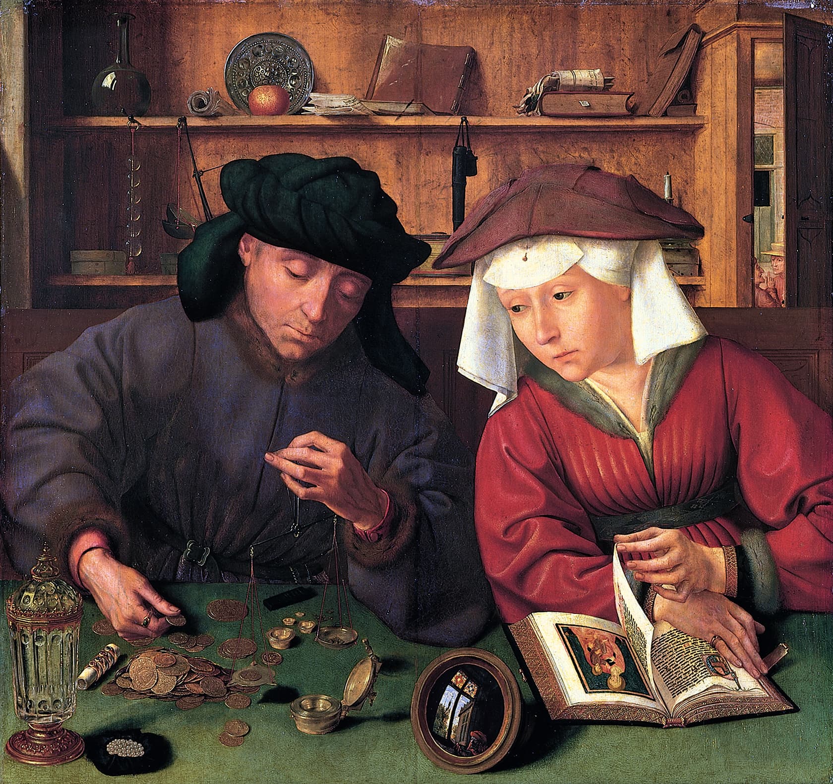 Quentin Matsys's 1514 oil panel The Moneylender and His Wife. The husband examines coins on a scale, intent on the weight; the wife sits beside him with a richly illuminated devotional book open in her lap, her eyes drifting from the prayer page to the coins he is weighing. A convex mirror on the table reflects a third figure looking in from outside the frame.