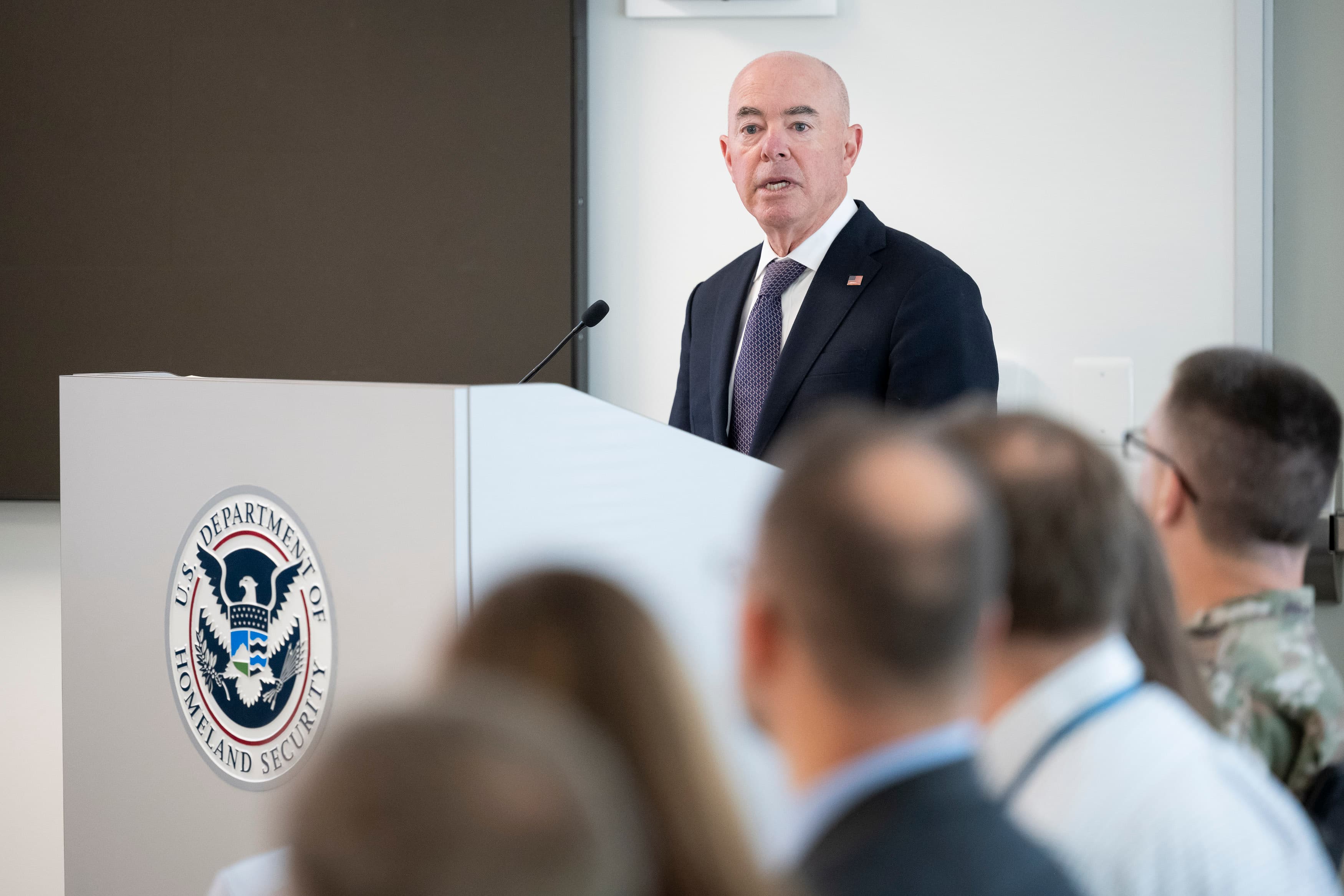DHS Secretary Alejandro Mayorkas giving opening remarks at the CISA National Election Exercise in Arlington, Virginia, August 2024.