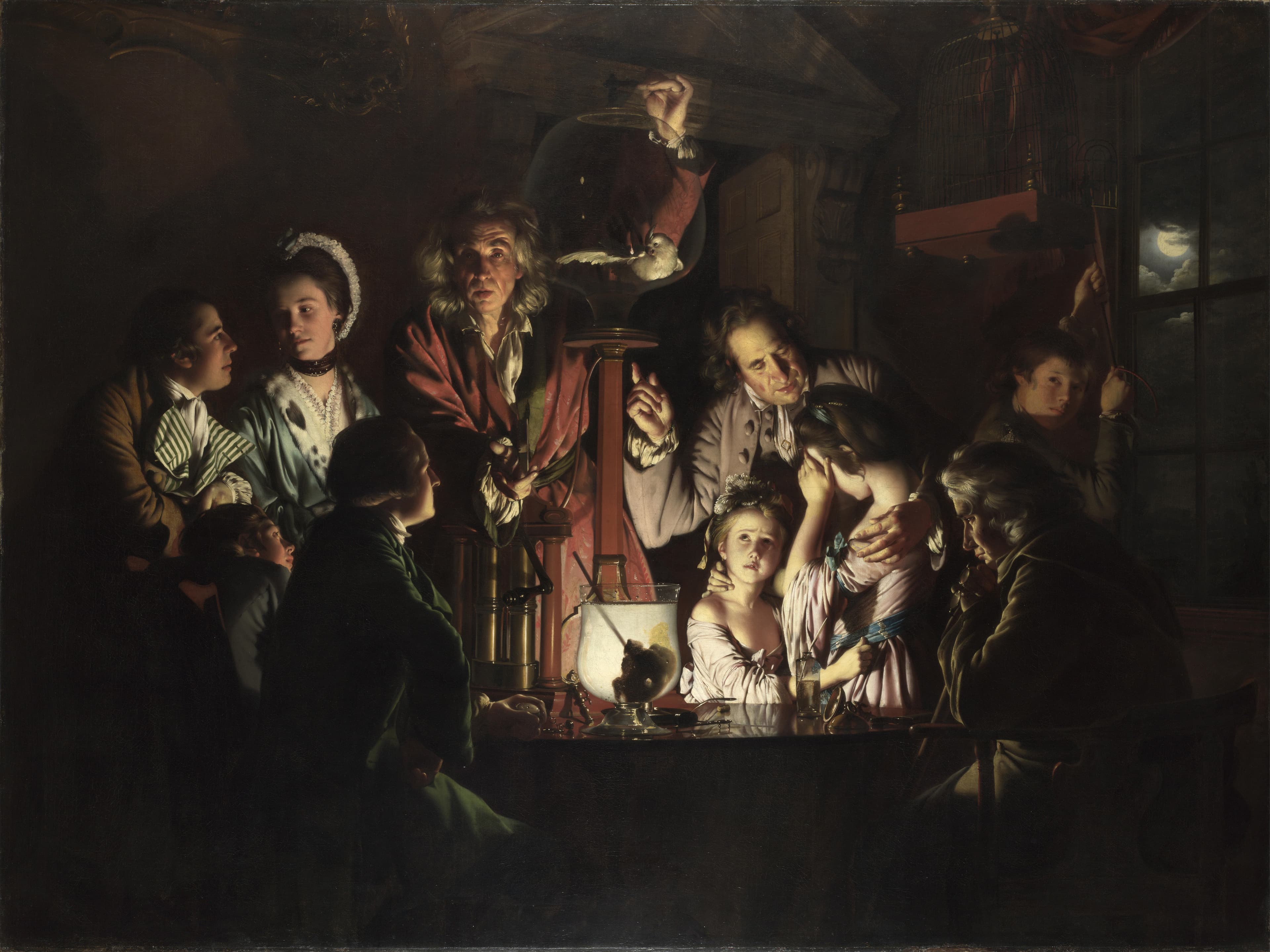 Joseph Wright of Derby's 1768 oil painting An Experiment on a Bird in the Air Pump, a candle-lit gathering around a glass vacuum chamber. A natural philosopher in a red robe controls the pump; a cockatoo flutters inside the bell jar. Children look away in distress; adults lean forward in fascination.