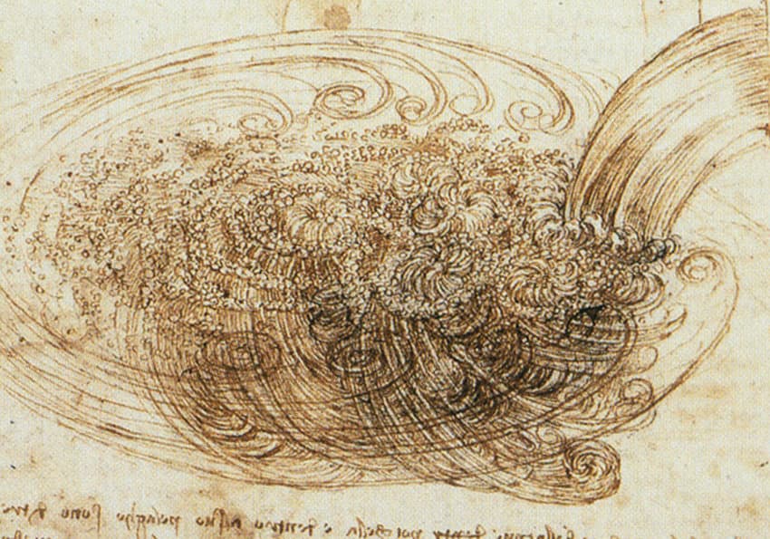 A pen-and-ink drawing by Leonardo da Vinci showing swirling turbulent water flowing past an obstacle, with detailed vortices and eddies rendered as delicate looping lines. The Navier-Stokes equations describe exactly this kind of flow, and their existence-and-smoothness question is one of the seven Clay Millennium Prize Problems.